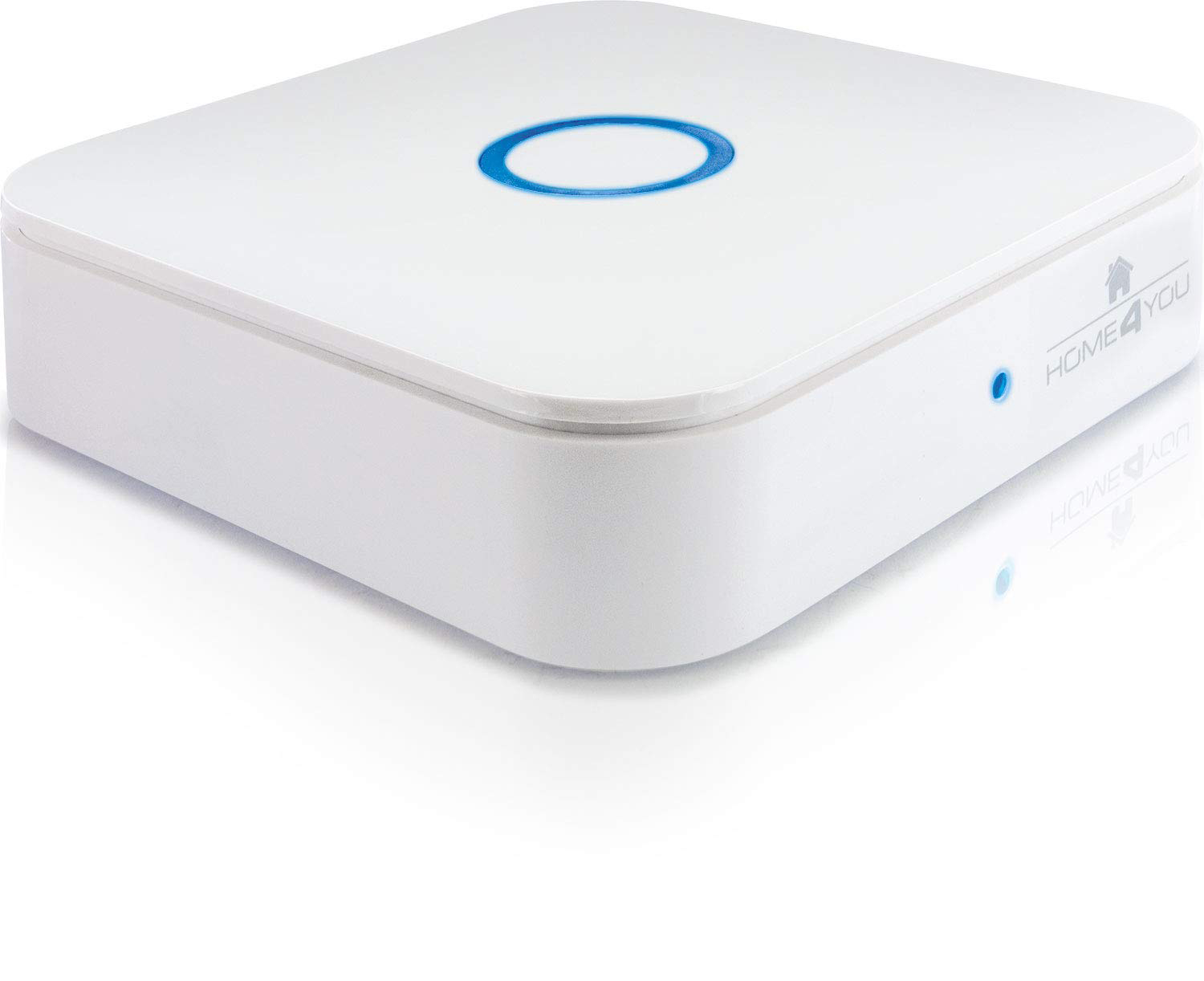 Ein weißes Smart-Home-Gerät mit blauem Ring und Logo.