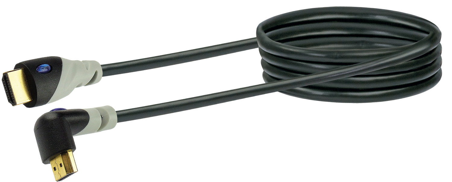 Schwarzes HDMI-Kabel mit grauem abgewinkeltem Stecker. Der Hintergrund ist weiß.