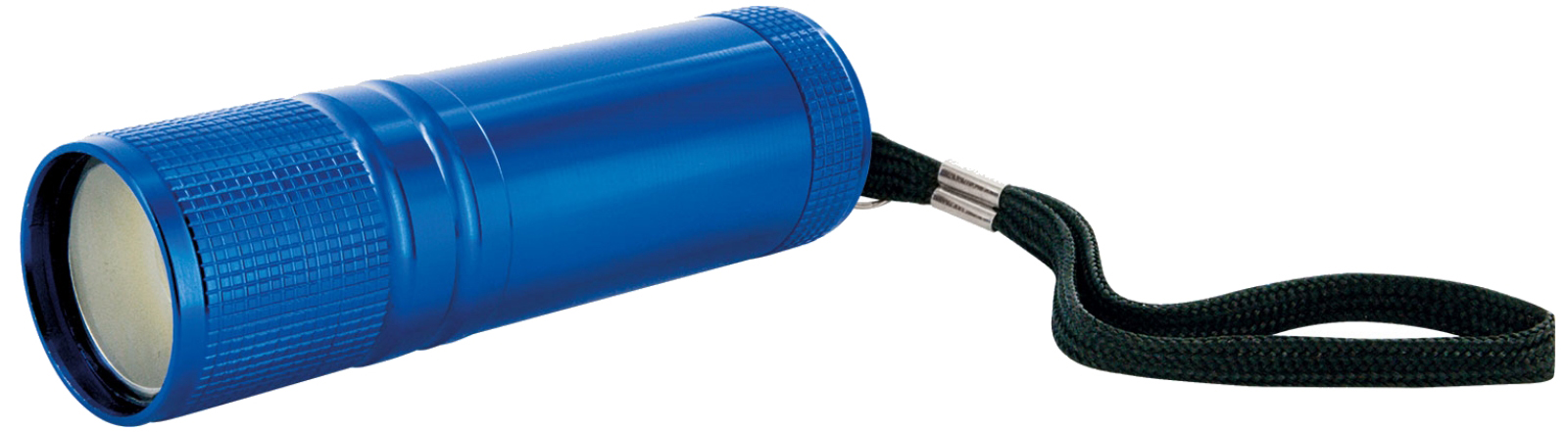 Blaue Taschenlampe mit schwarzem Schlüsselband auf weißem Hintergrund.