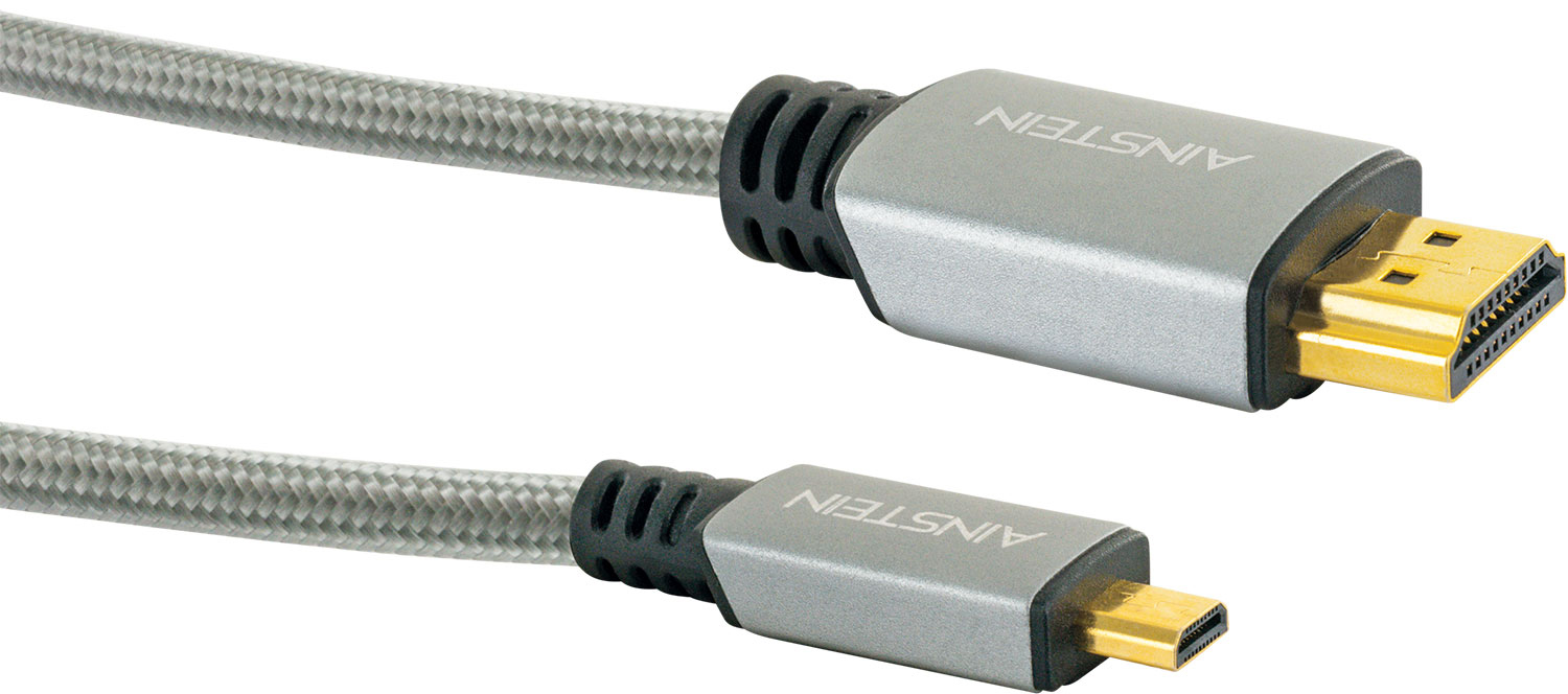Graues HDMI-Kabel mit Steckern. Das Kabel ist mit 'AINSTEIN' beschriftet.