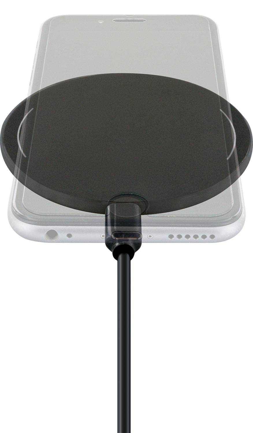 Ein schwarzes kabelloses Ladepad auf einem Smartphone, verbunden mit einem Ladekabel.