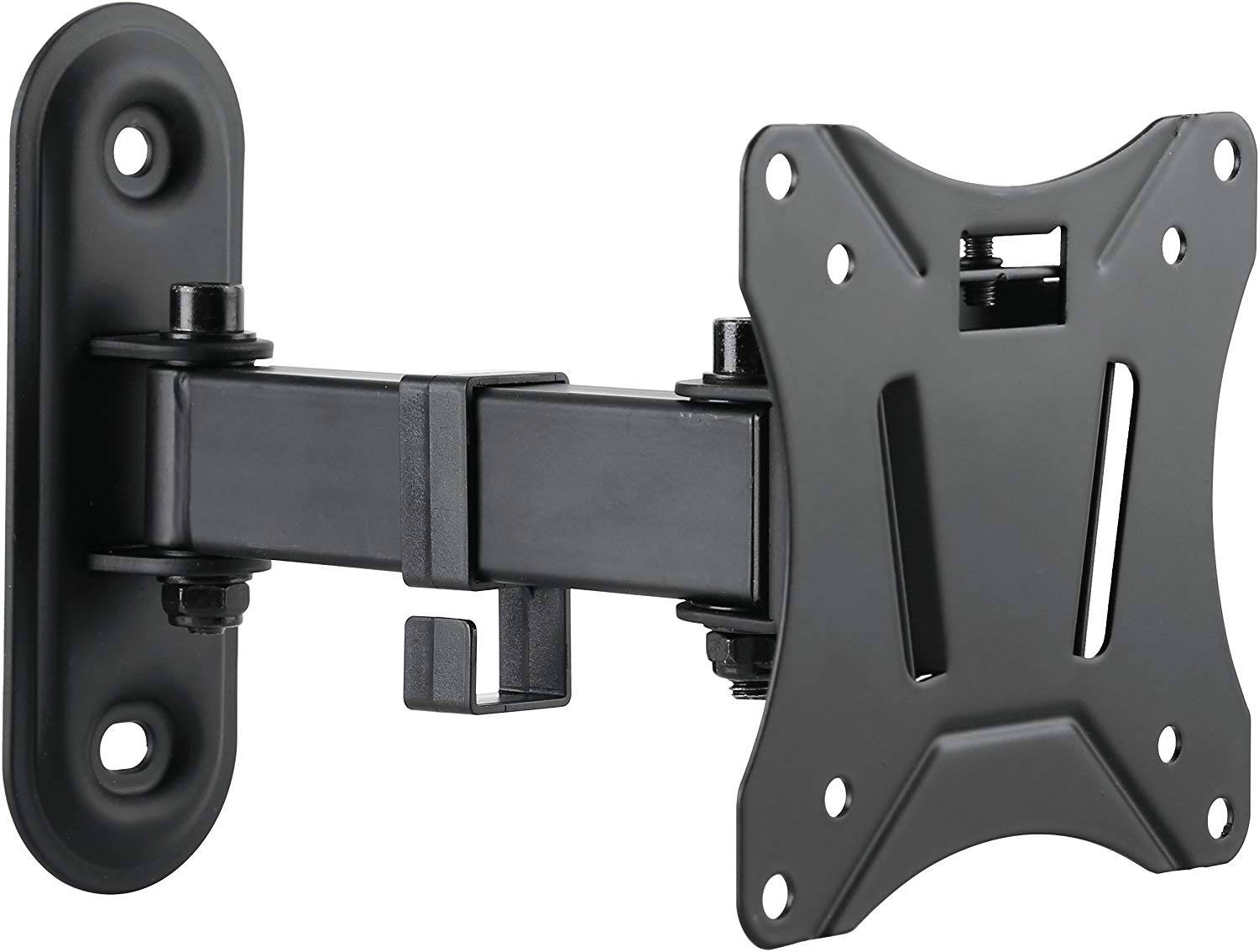 Schwarze TV-Wandhalterung mit verstellbarem Arm, montiert auf weißem Hintergrund.