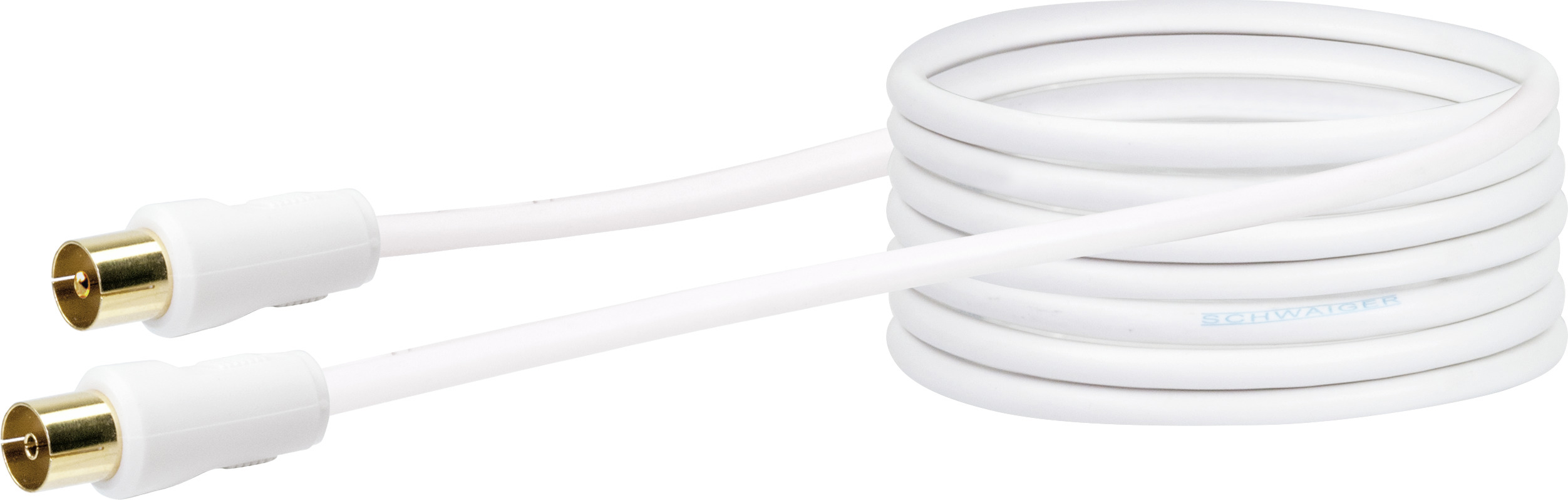 Weißes Kabel mit Steckern, aufgerollt. Die Stecker sind weiß mit goldfarbenen Pins. Isoliert.