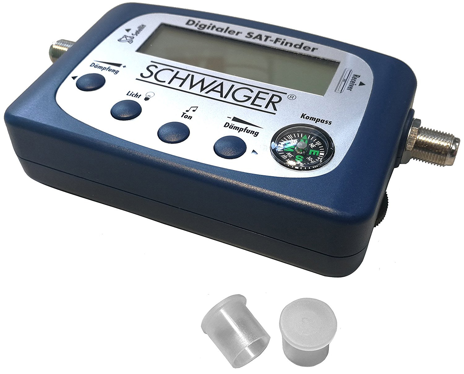 Blauer SAT-Finder mit Display, Knöpfen und Kompass. Unten zwei weiße Kappen.