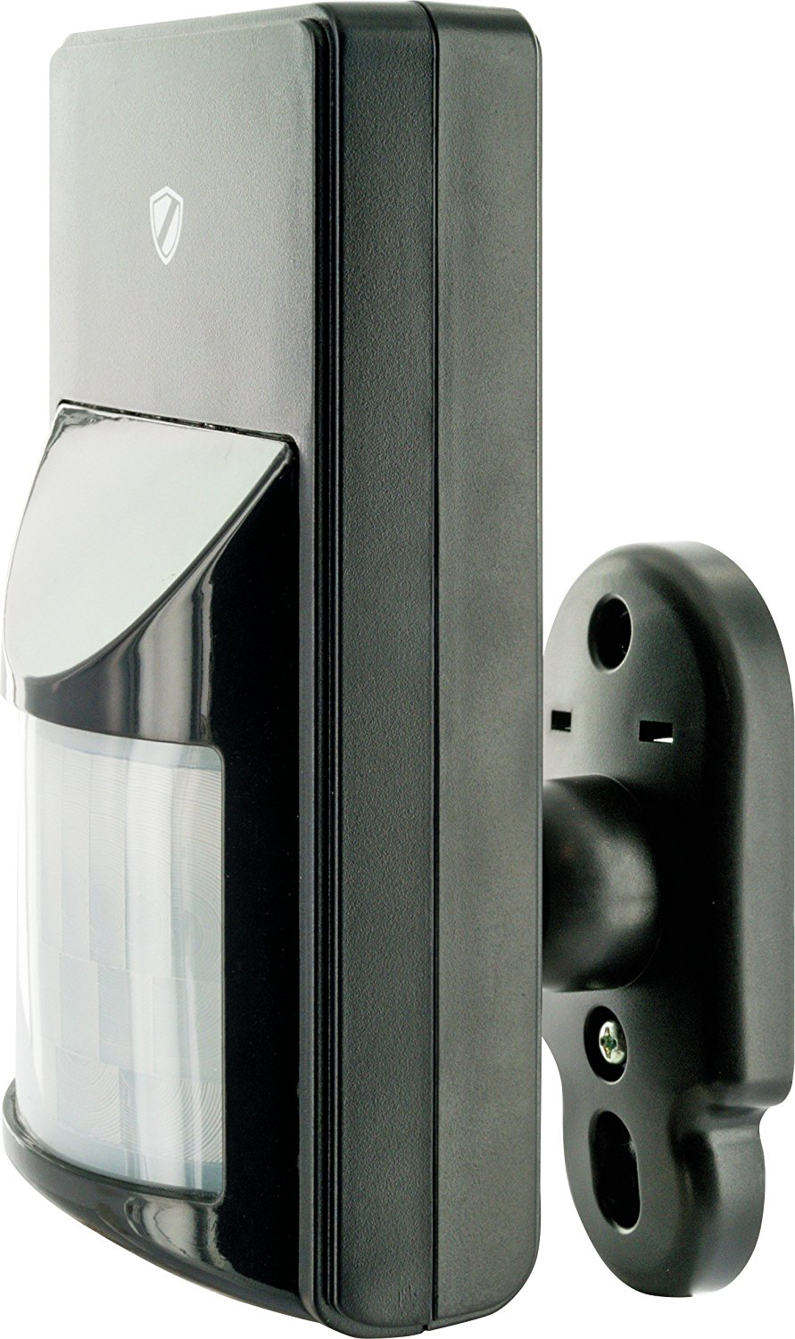 Schwarzer Bewegungssensor mit reflektierender Linse. Er ist an einer schwarzen Wandhalterung montiert.