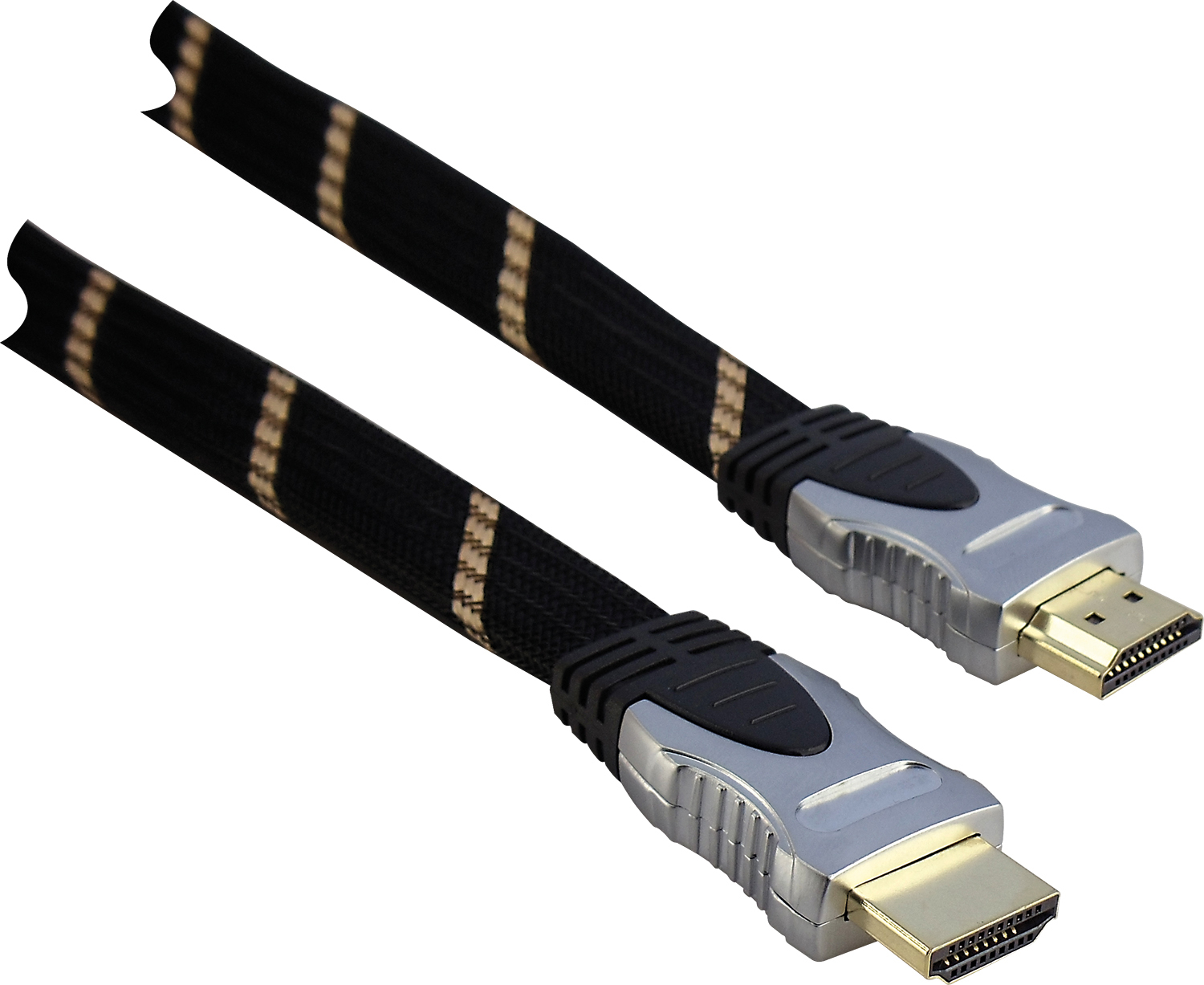 HDMI-Kabel. Schwarzes geflochtenes Kabel mit silbernen Steckern. Vergoldete Stecker.