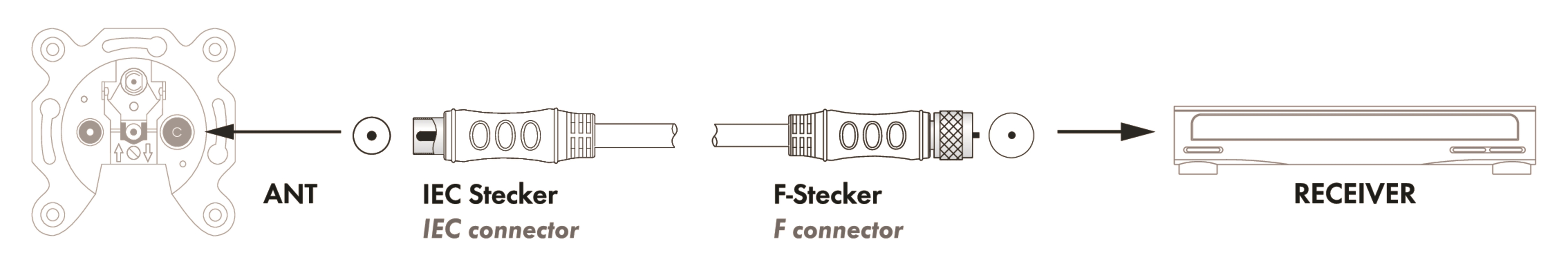 Diagramm: Antenne, IEC-Stecker, F-Stecker und Empfänger.