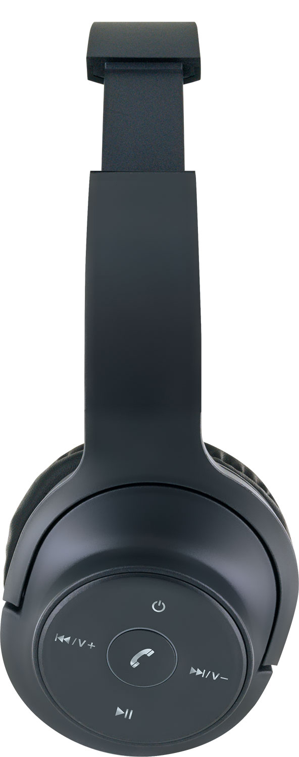 Cuffie wireless nere con pulsanti, icone di alimentazione e chiamata. Sfondo bianco.