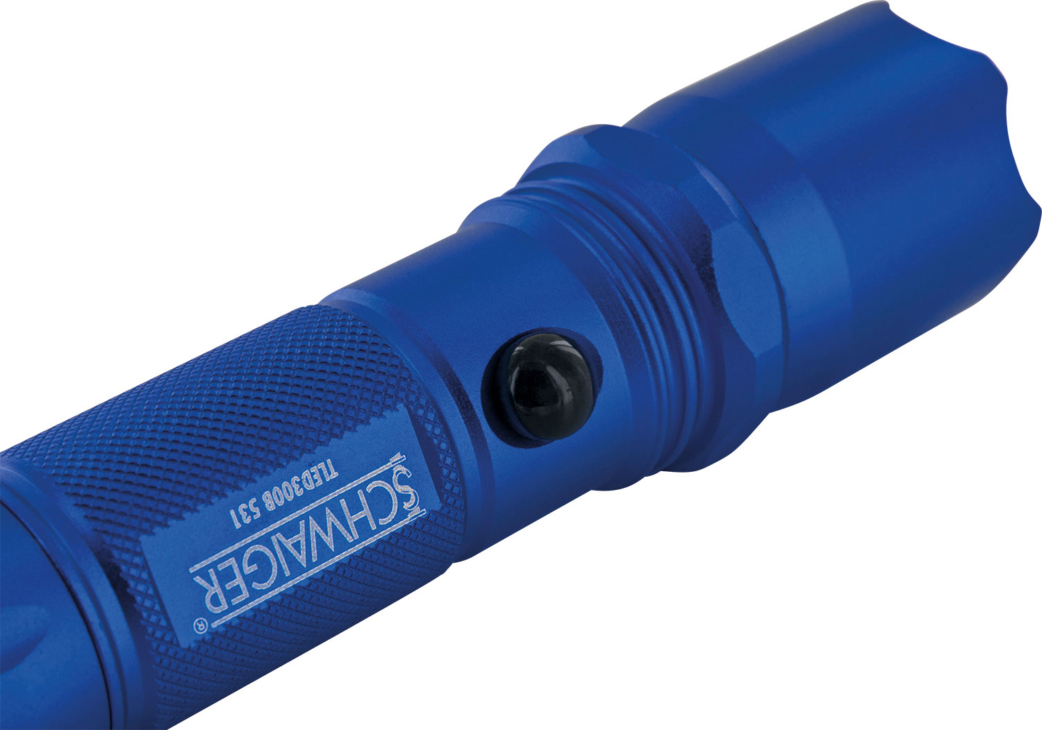 Eine blaue Taschenlampe mit schwarzem Knopf und dem Wort SCHWAIGER darauf.
