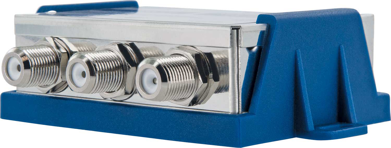 Silber-blauer Koaxialkabel-Splitter mit vier Anschlüssen. Blaue Kunststoffbasis. Weißer Hintergrund.
