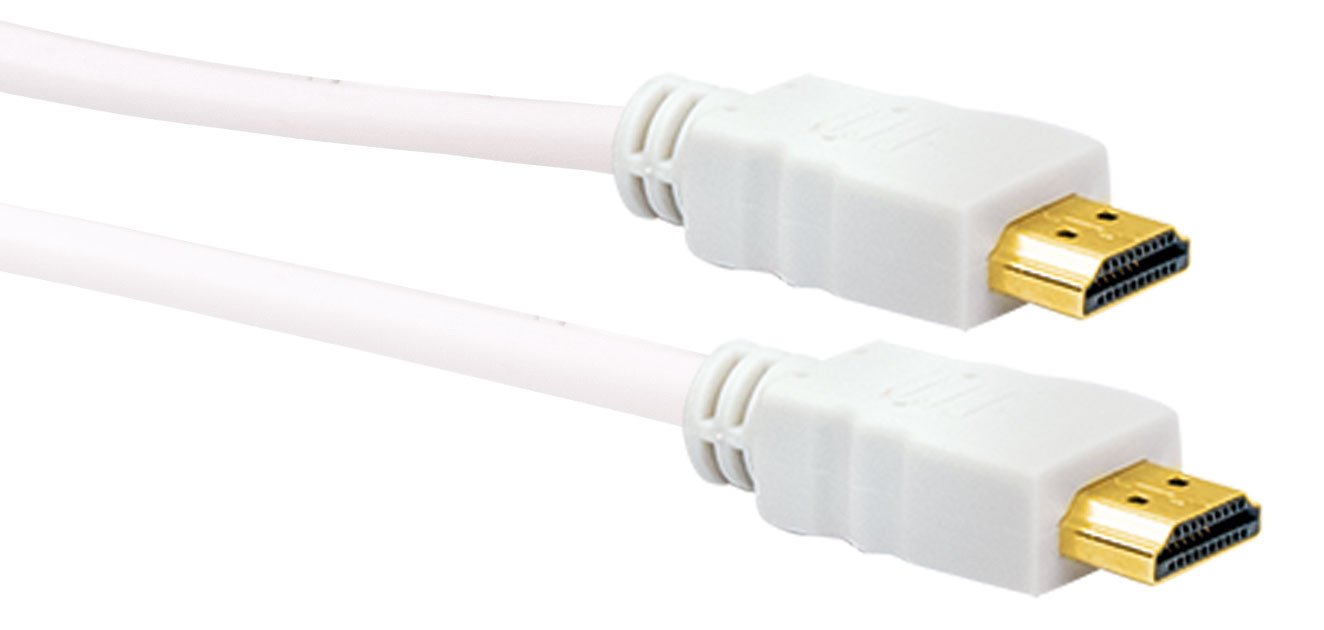 Ein weißes HDMI-Kabel mit vergoldeten Steckern. Zwei Stecker sind sichtbar, auf weißem Hintergrund.