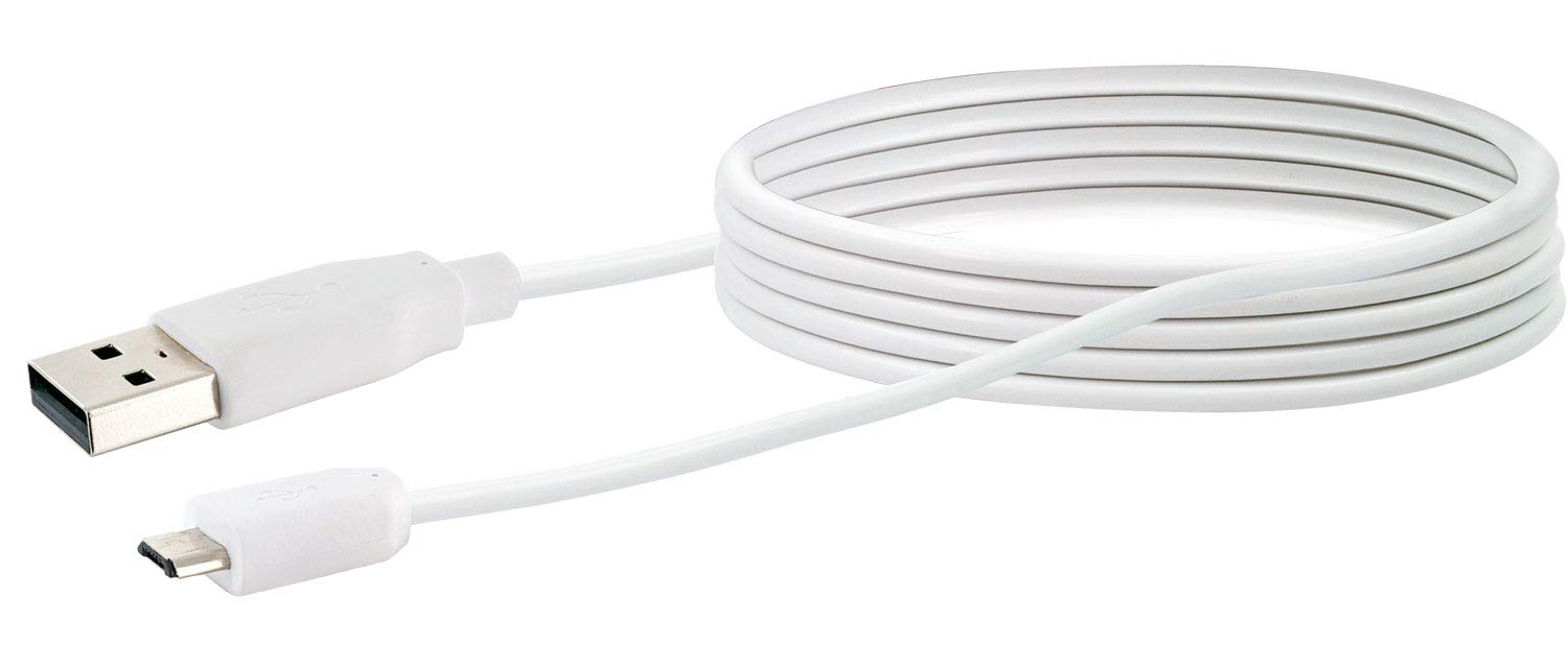 Weißes USB-zu-Micro-USB-Kabel auf einer weißen Oberfläche gerollt.