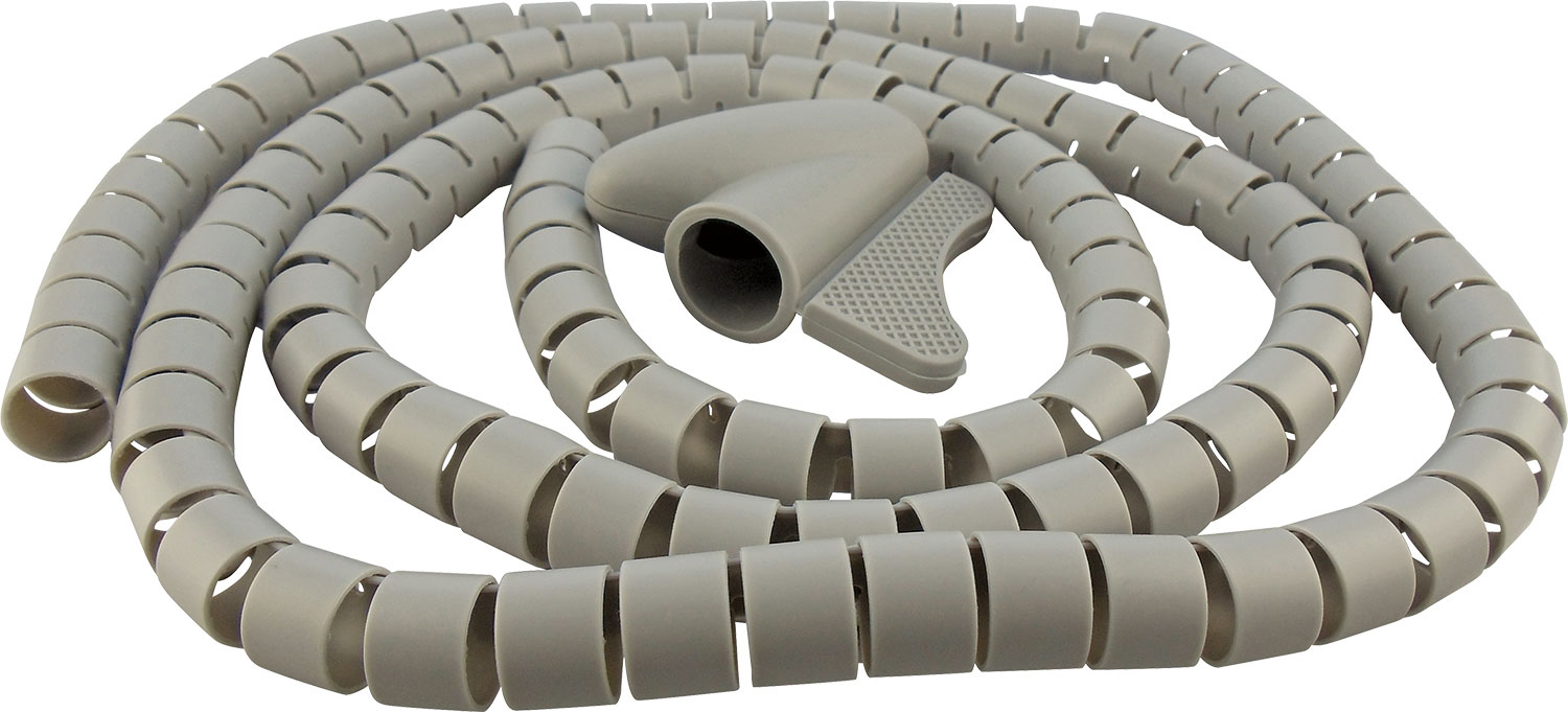 Graue Spiralkabelverwaltung mit grauem Kabelende. Weißer Hintergrund.