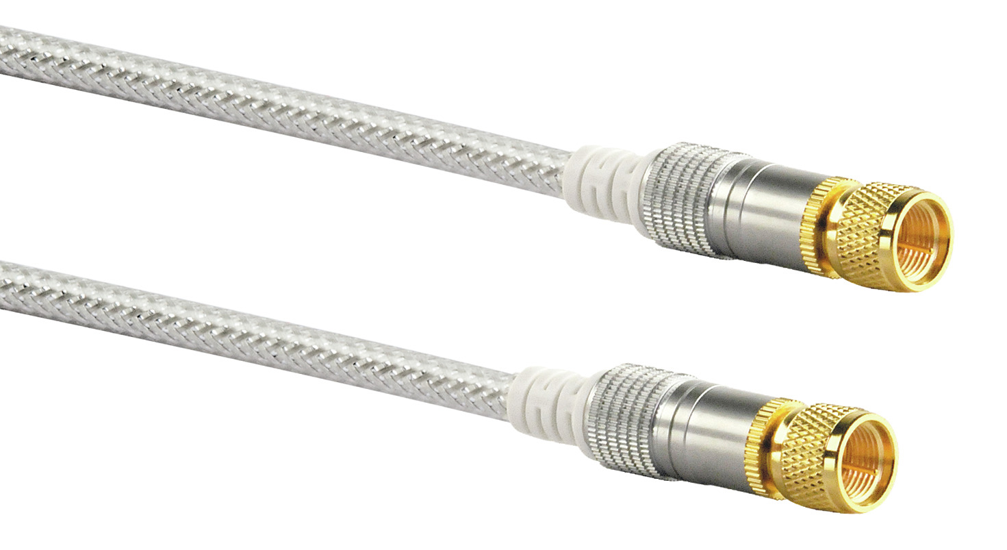 Silber-weißes Koaxialkabel mit vergoldeten Steckern. Das Kabel ist geflochten, die Stecker haben goldene Spitzen.