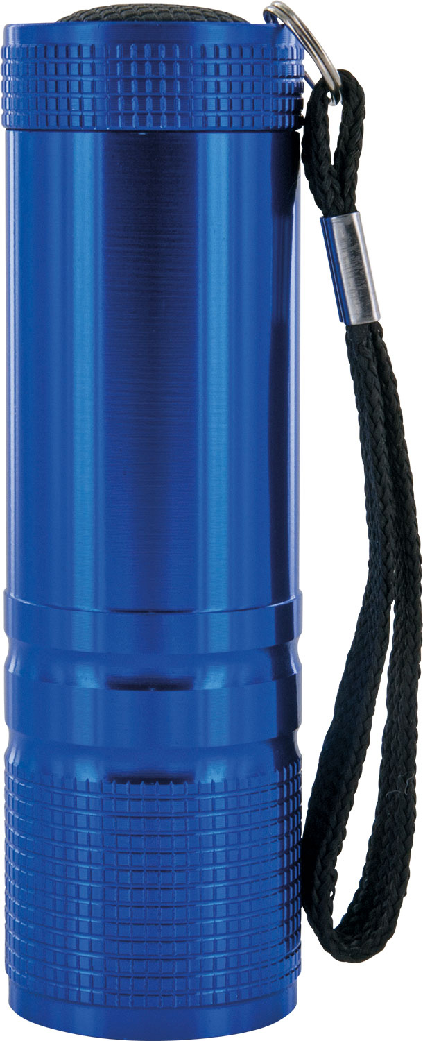 Blaue Taschenlampe mit schwarzem Riemen. Sie ist zylindrisch und hat einen strukturierten Sockel.