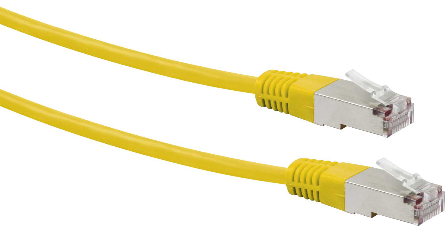 Zwei gelbe Netzwerkkabel mit silbernen Steckern.