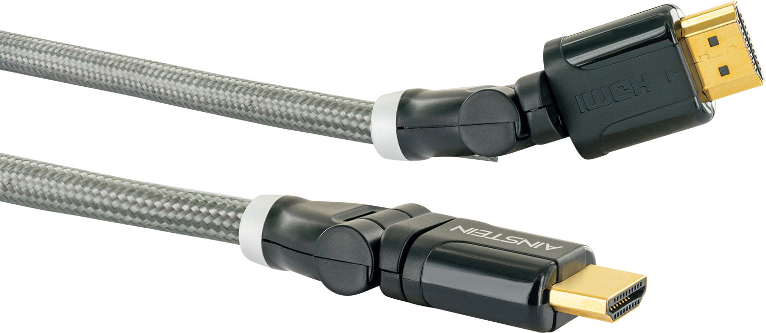 Graues und schwarzes HDMI-Kabel mit schwarzen Steckern. Weißer Hintergrund.