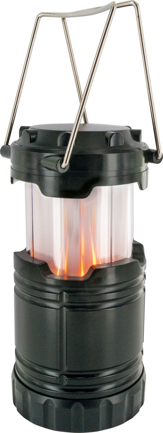 Schwarze Laterne mit Griff, durchsichtige Seiten mit orangefarbenem Licht innen. Silberner Griff.