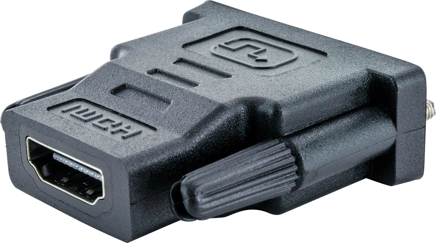 Schwarzer HDMI-zu-DVI-Adapter. Abgewinkelt, zeigt die Anschlüsse und den Stecker.