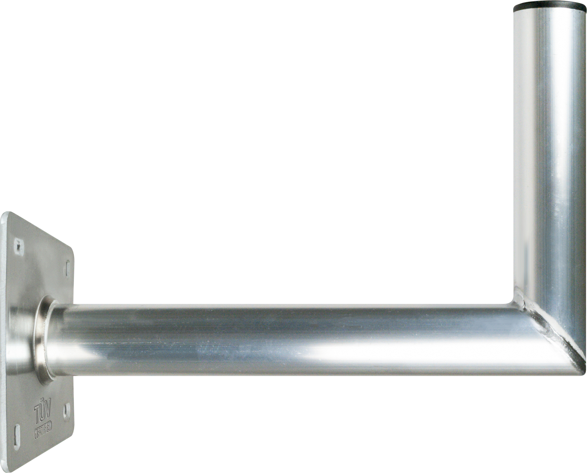 Silberne Metall-Antennenhalterung. L-förmig, mit quadratischer Montageplatte. Weißer Hintergrund.
