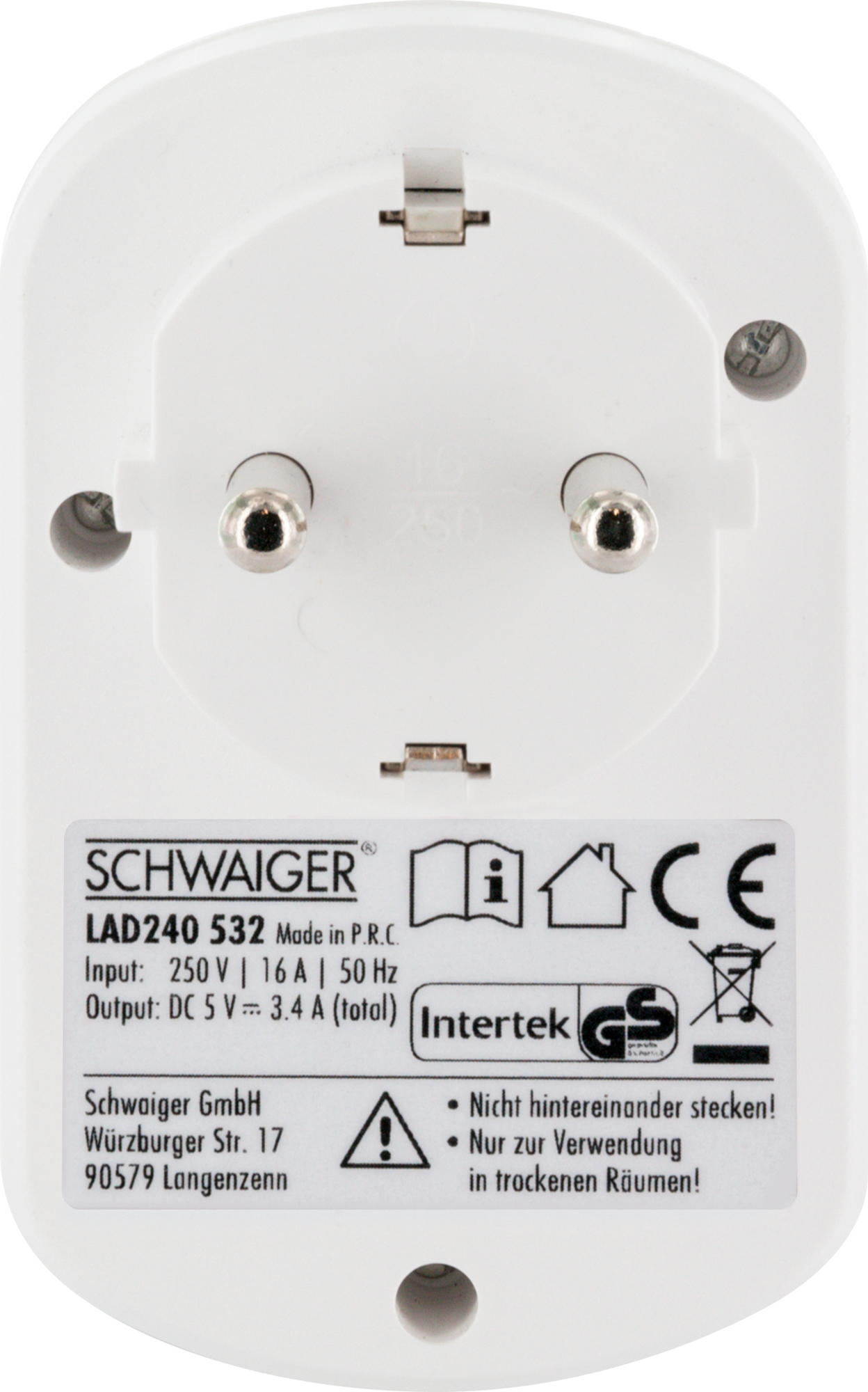 SCHWAIGER -LAD240 Huawei, Volt, mit Weiß Ladeadapter durchgeschleifter Steckdose 230 532- z.B. V Samsung, LG, 230 USB etc