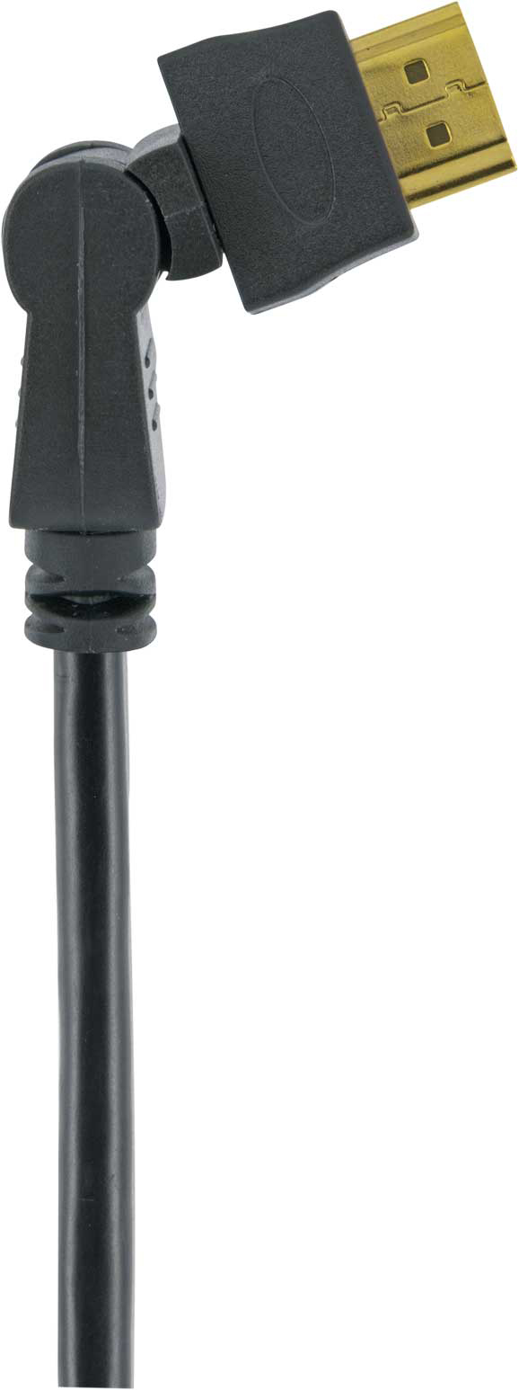 Schwarzes HDMI-Kabel mit rechtwinkligem Stecker und goldfarbenem Anschluss.