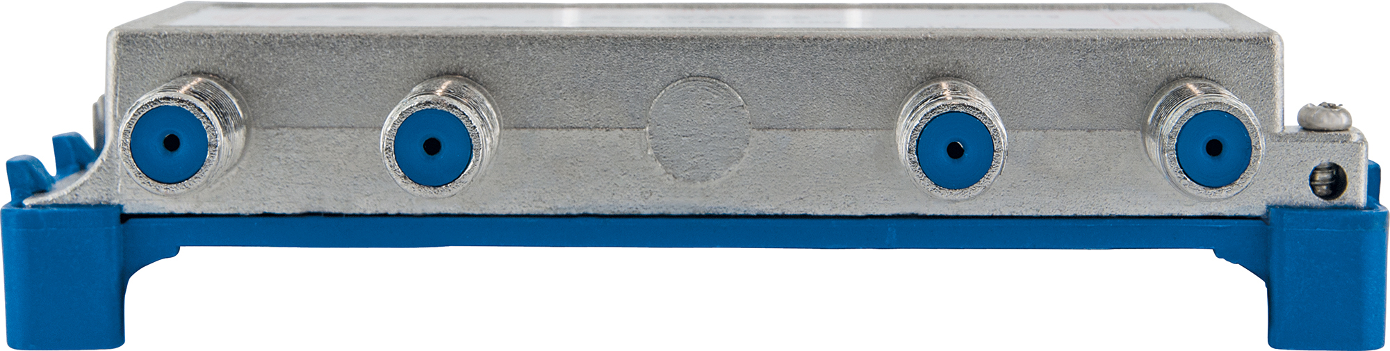 Ein silbernes elektronisches Bauteil mit blauen Anschlüssen und einem blauen Sockel.