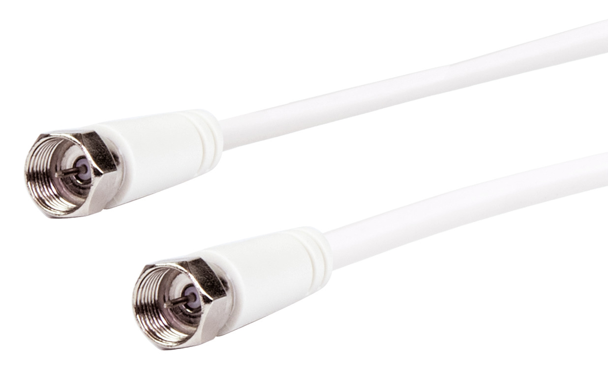 Zwei weiße Koaxialkabel mit Steckern an jedem Ende. Die Stecker sind silberfarben.