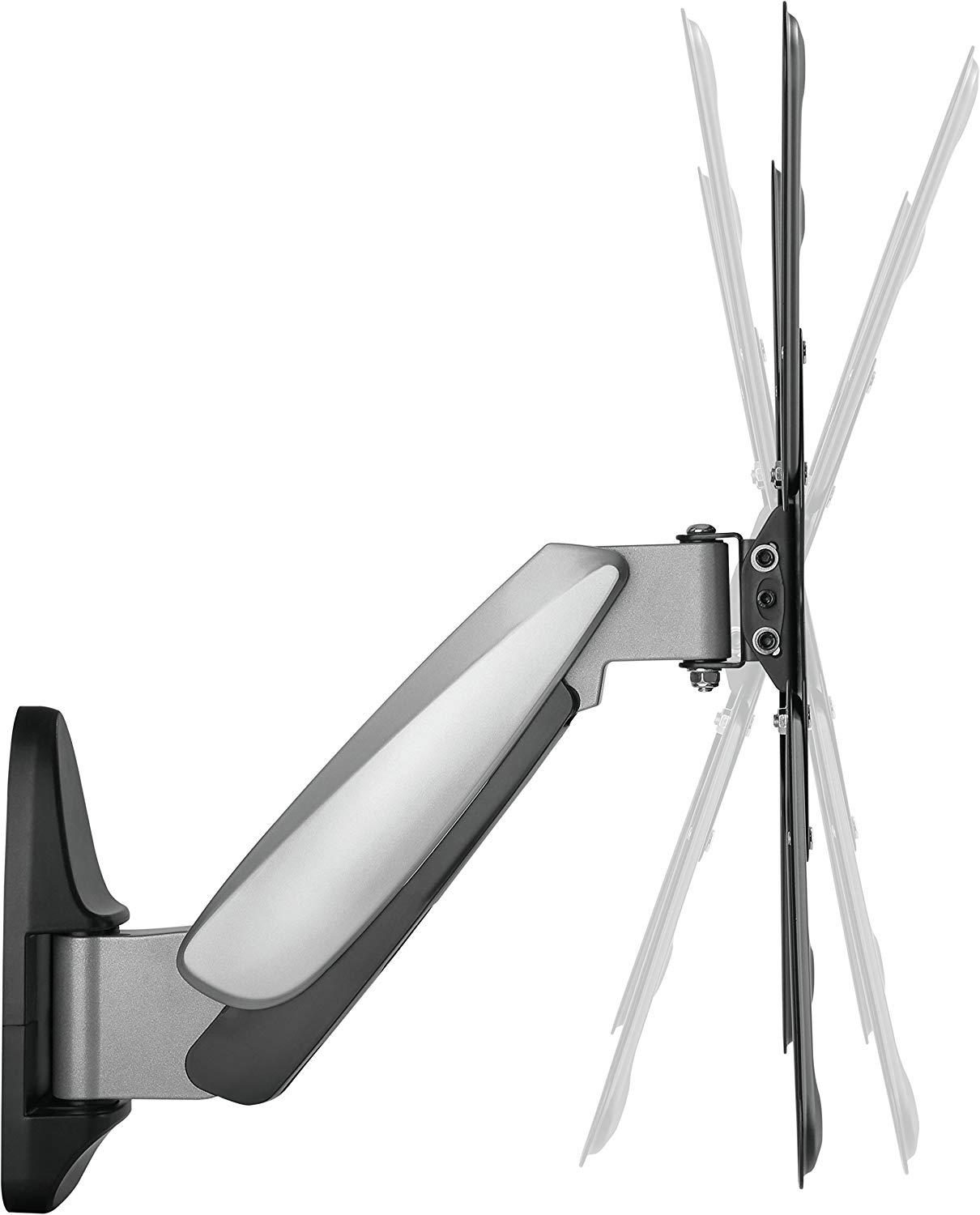 Silber-schwarze TV-Halterung mit verstellbarem Arm, an einer weißen Wand montiert.