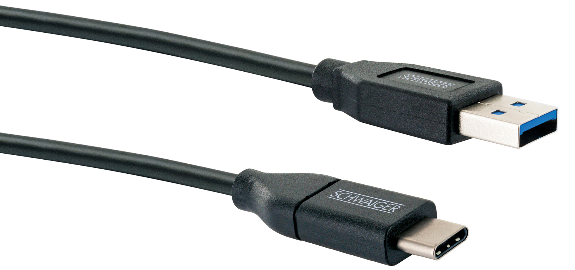 Schwarzes USB-Kabel mit USB 3.0 und USB-C Anschlüssen, mit dem Aufdruck SCHWAIGER.