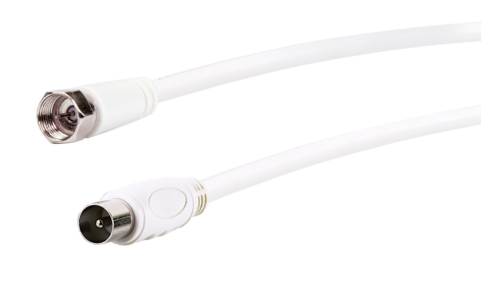 Zwei weiße Koaxialkabel mit weißen Steckern. Die Stecker haben eine Metallspitze und einen Kunststoffkörper.