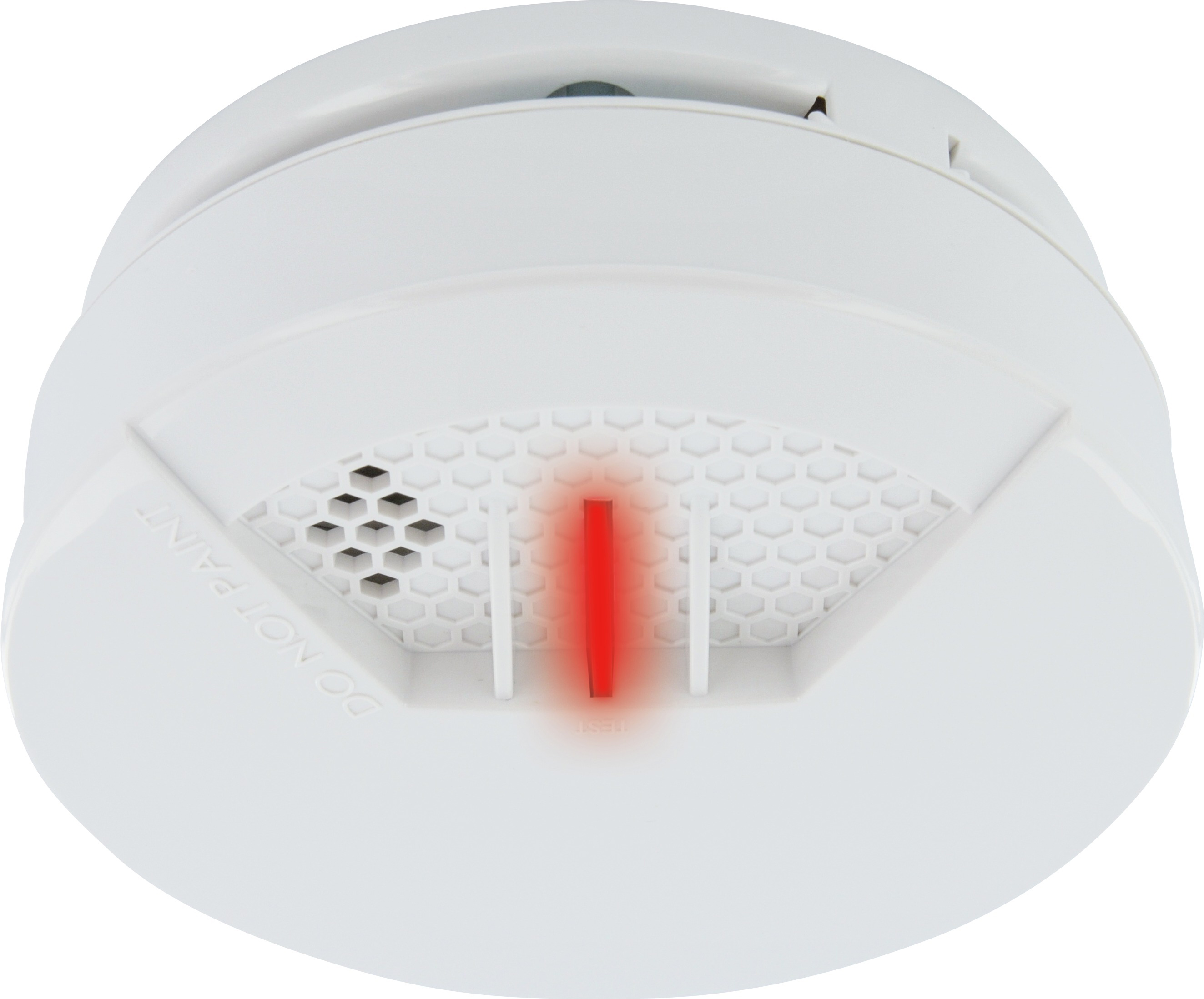 Biały czujnik dymu z czerwonym światłem wskazującym aktywację. Sześciokątna konstrukcja kratki.