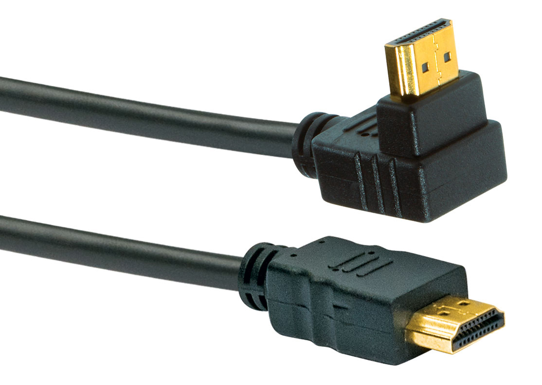 Schwarzes HDMI-Kabel mit um 90 Grad abgewinkelten und geraden Steckern.