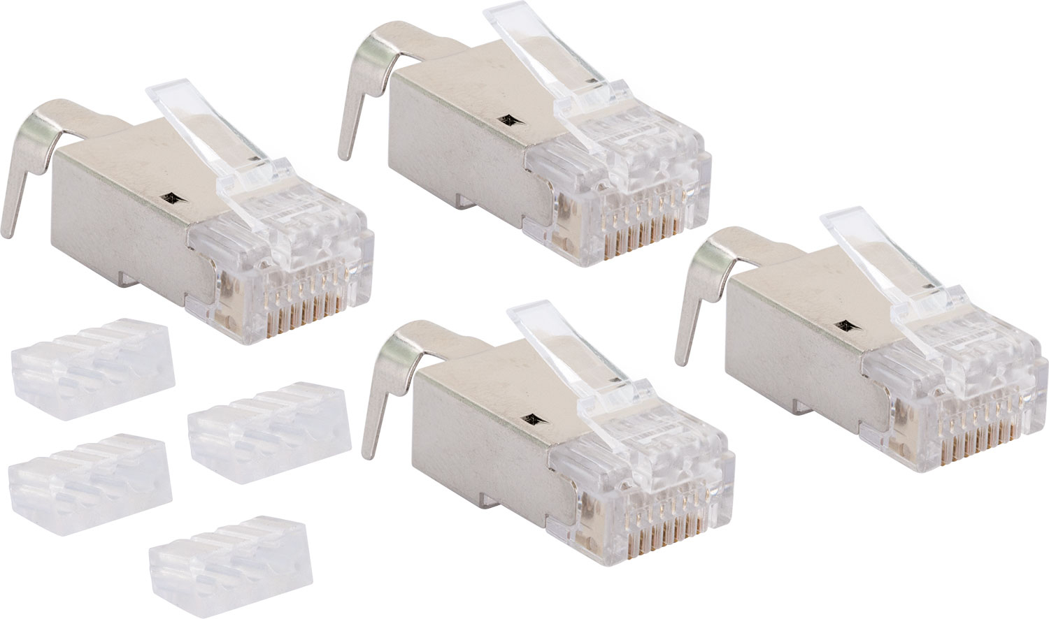 Vier RJ45-Stecker und sechs transparente Kunststoff-Zugentlastungen. Silberne Metallstecker mit klarem Kunststoff.