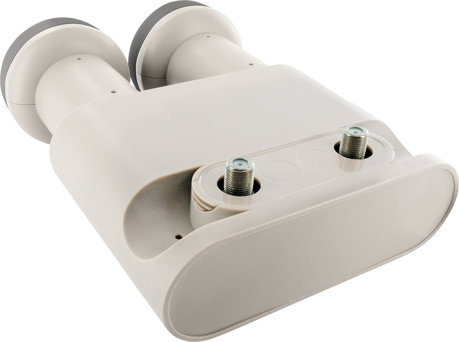 Off-White LNB für Satellitenschüssel mit zwei Eingängen, auf weißem Grund.