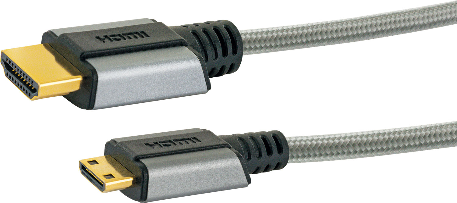 HDMI-Kabel mit zwei Steckern, einer gold, einer silber.