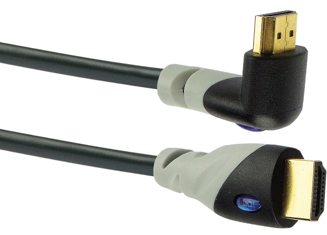 Schwarzes HDMI-Kabel mit abgewinkelten Steckern. Graue Akzente. Weißer Hintergrund.