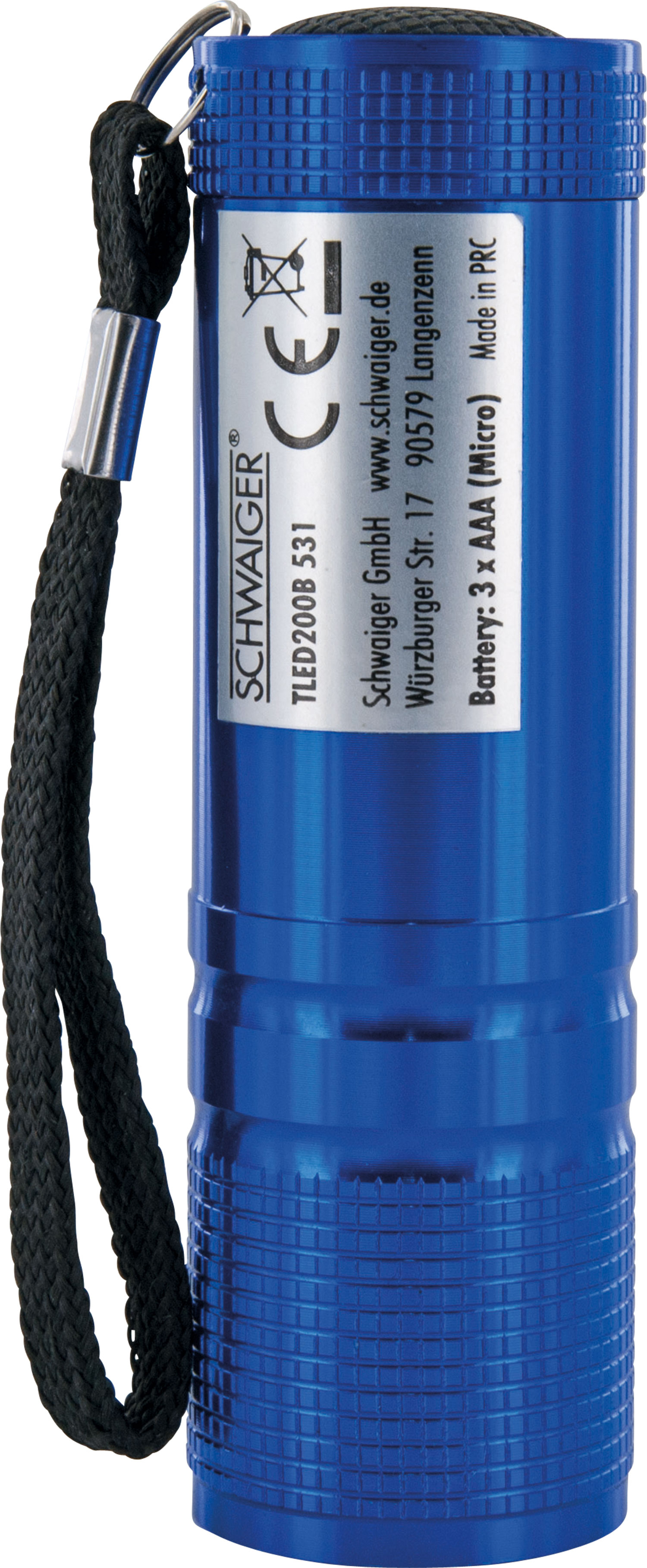 Blaue Taschenlampe. Schwarzes Lanyard. Weißes Etikett mit Text.