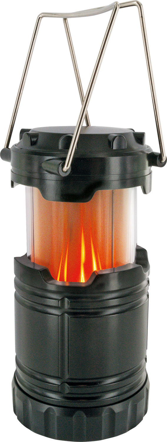 Schwarze Laterne mit Griff. Sie hat einen orangefarbenen Flammeneffekt im Inneren. Isoliert auf weißem Hintergrund.