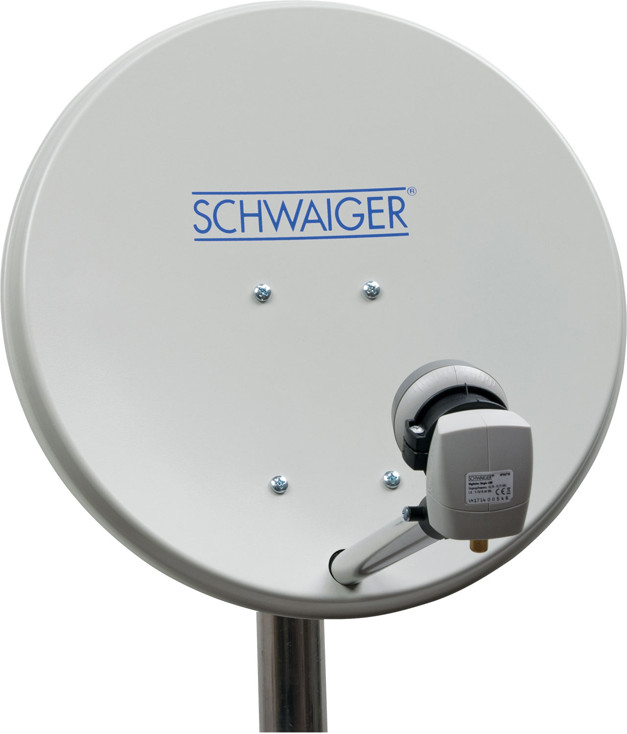 Eine Satellitenschüssel mit dem Namen 'SCHWAIGER' auf weißem Hintergrund.