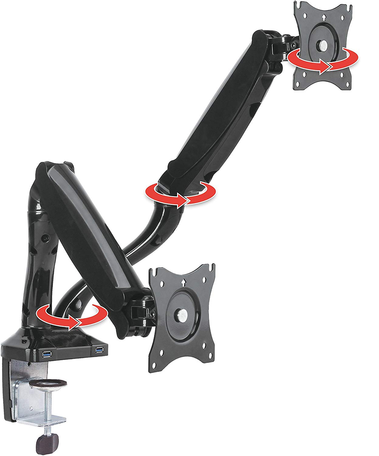 Schwarzer Monitorarm mit zwei Monitorhalterungen. Pfeile zeigen Bewegungsrichtungen. Metallklemme unten.