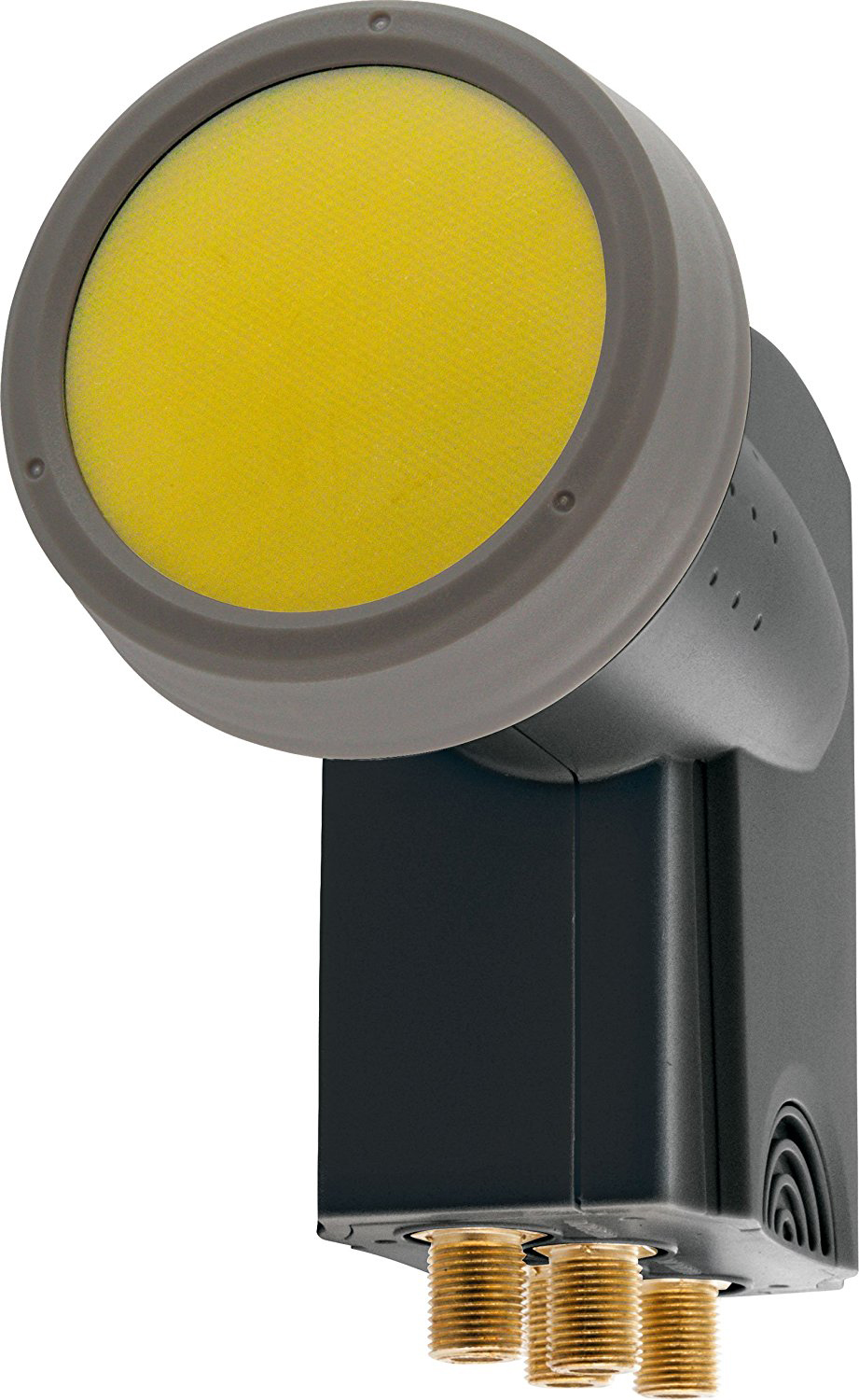 Satellitenempfänger LNB mit gelbem Filter und grauem Gehäuse, schräge Ansicht vor weißem Hintergrund.