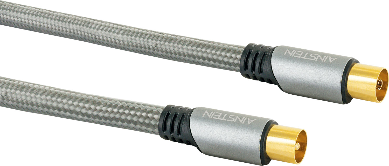 Koaxialkabel mit grau geflochtenem Mantel und silbernen Steckern. Stecker haben goldene Stifte.