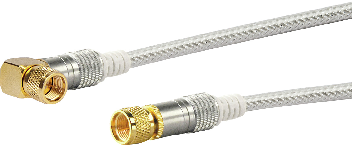 Koaxialkabel mit abgewinkelten und geraden Steckern. Gold- und Silberstecker mit weißem Kabel.