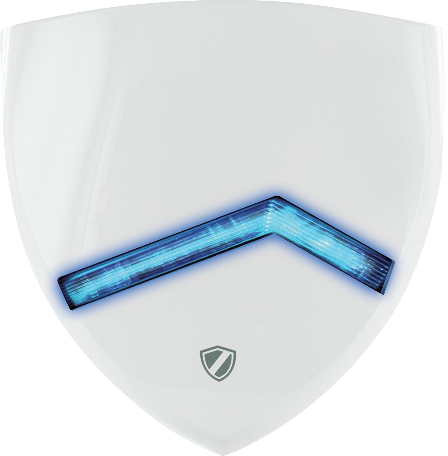 Weißes schildförmiges Gerät mit einem blauen Lichtstreifen in der Mitte. Es hat ein Schildlogo.
