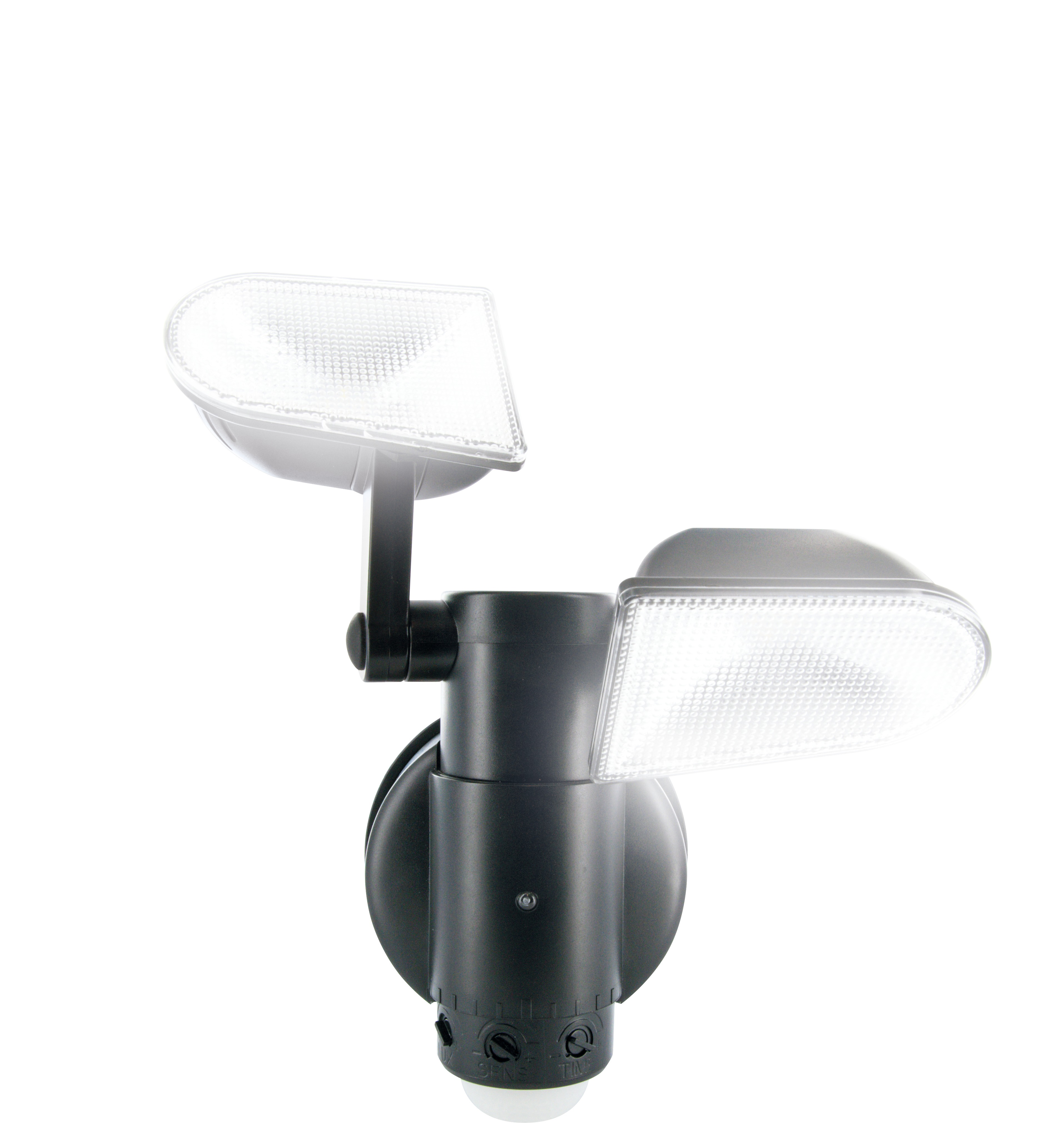 A black floodlight with two light units, mounted on a black base.