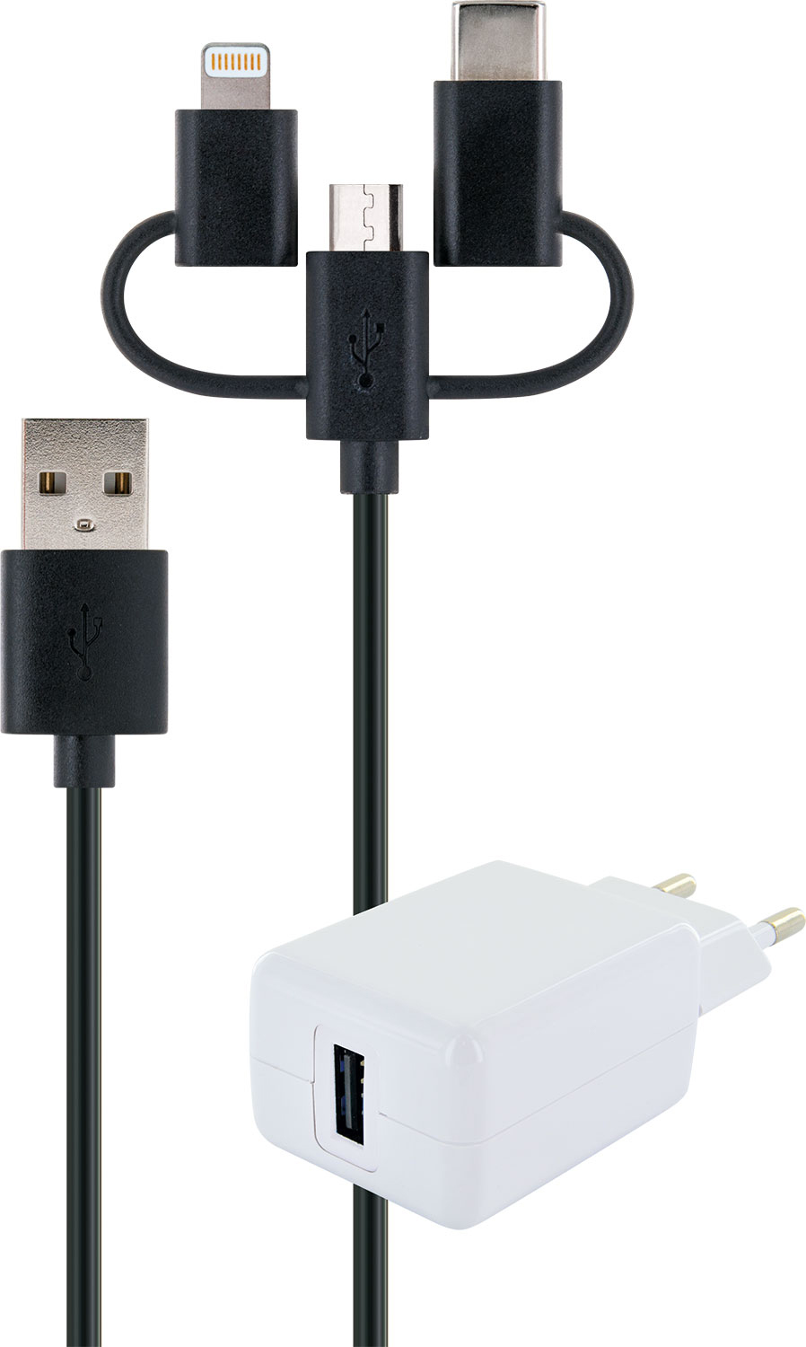 Schwarze USB- und Ladekabel mit einem weißen Ladegerät mit USB-Anschluss und Stecker.