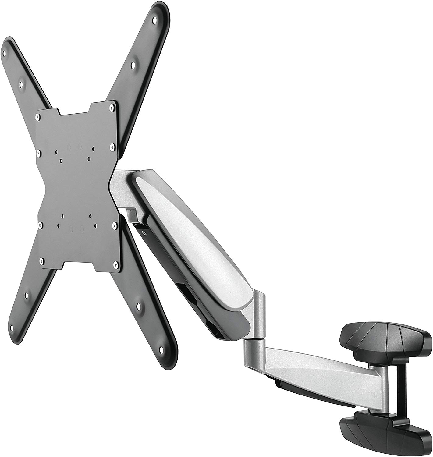 TV-Wandhalterung, silber und schwarz, mit verstellbarem Arm und Montagehalterung. Weißer Hintergrund.