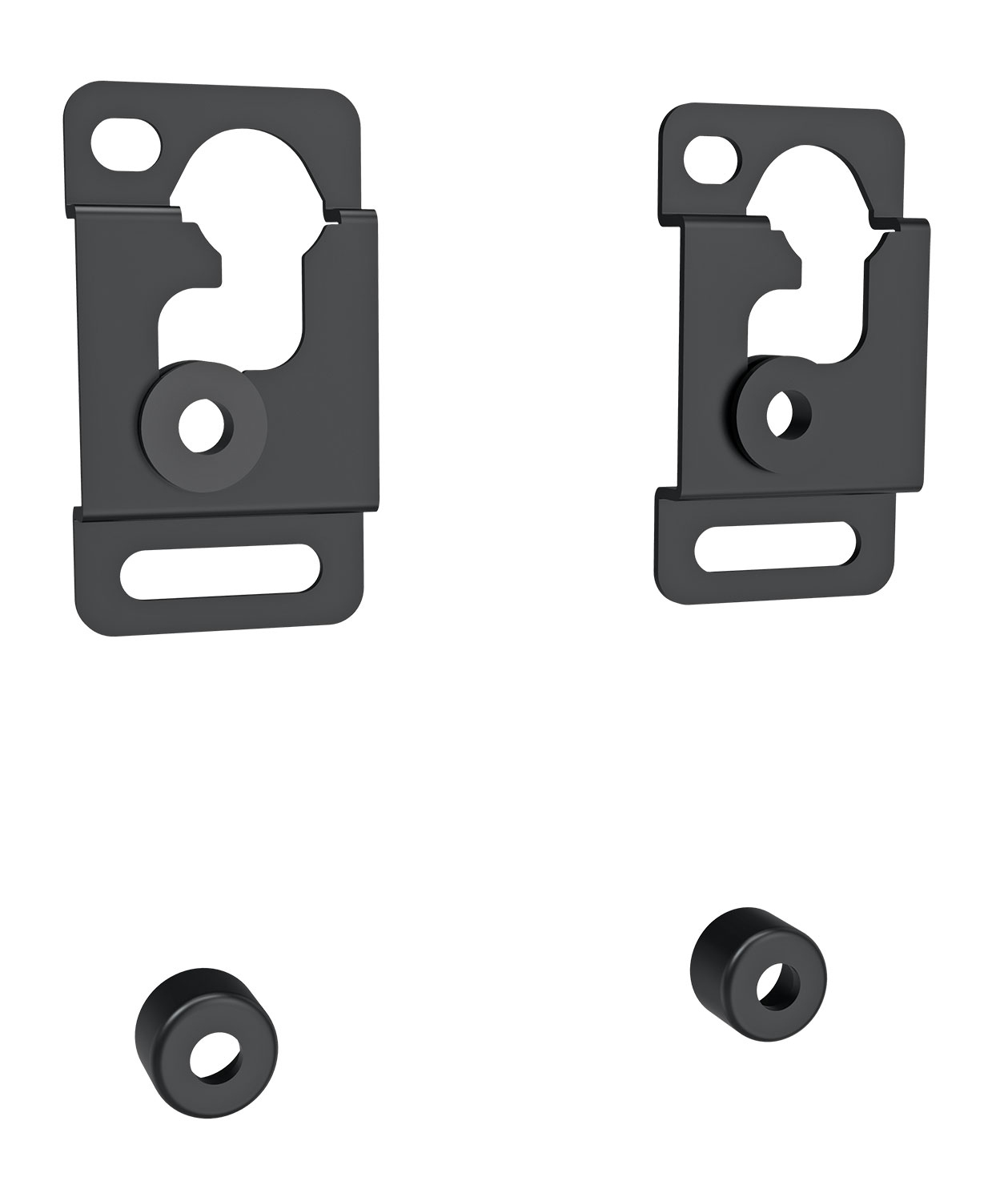 Zwei schwarze Metallhalterungen und zwei schwarze Gummiabstandshalter.