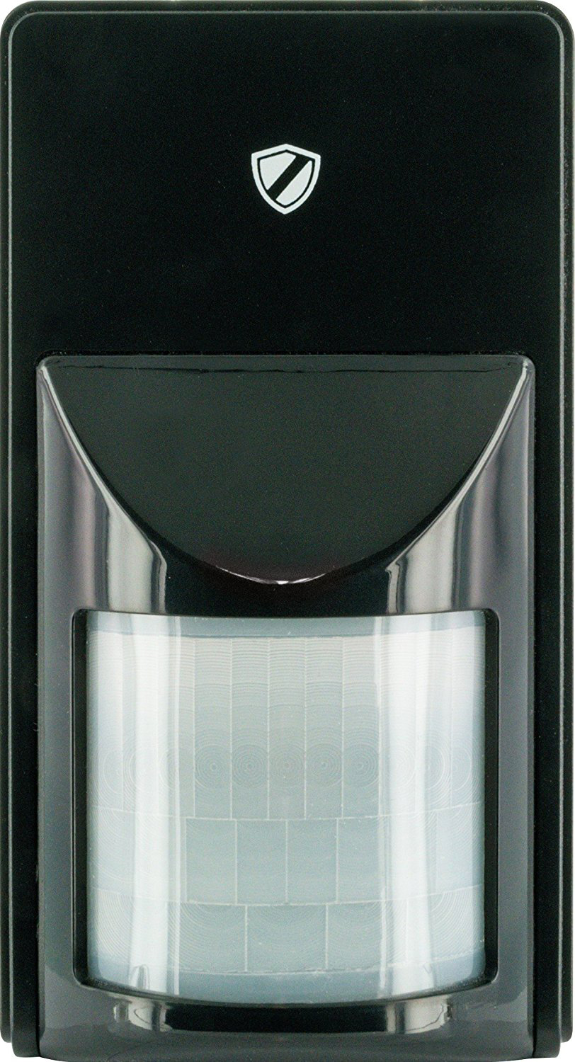 Schwarzer Bewegungsmelder mit reflektierender Oberfläche. Schild-Logo. Weißer Hintergrund.